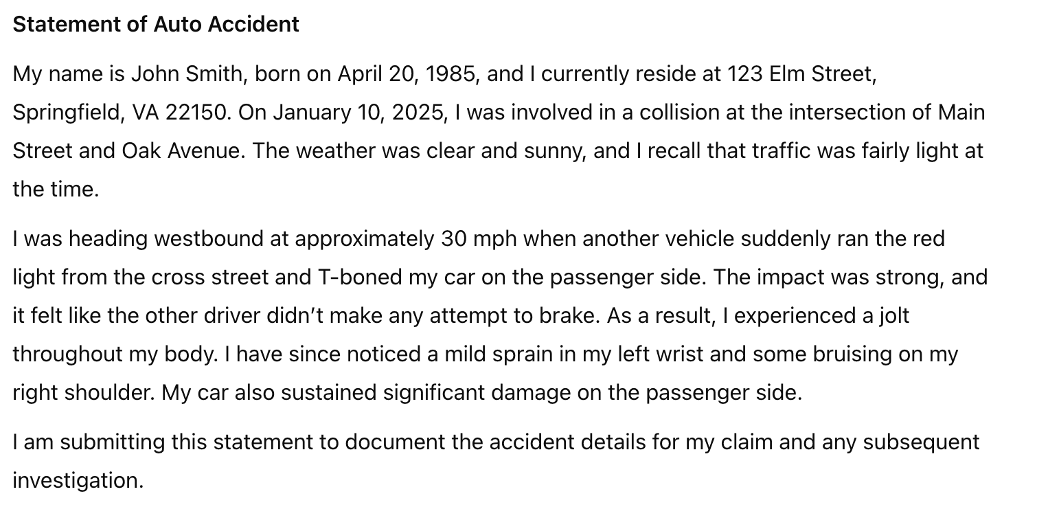 Example of unstructured data: A narrative statement describing an auto accident
