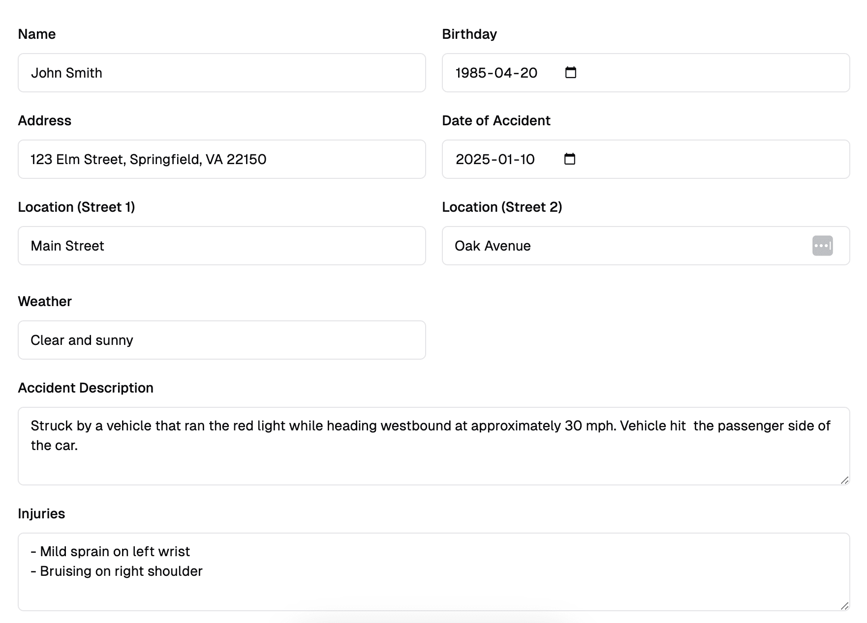 Example of structured data: A form with labeled fields for accident information